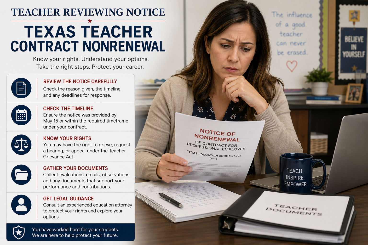 Teacher reviewing notice; Texas teacher contract nonrenewal