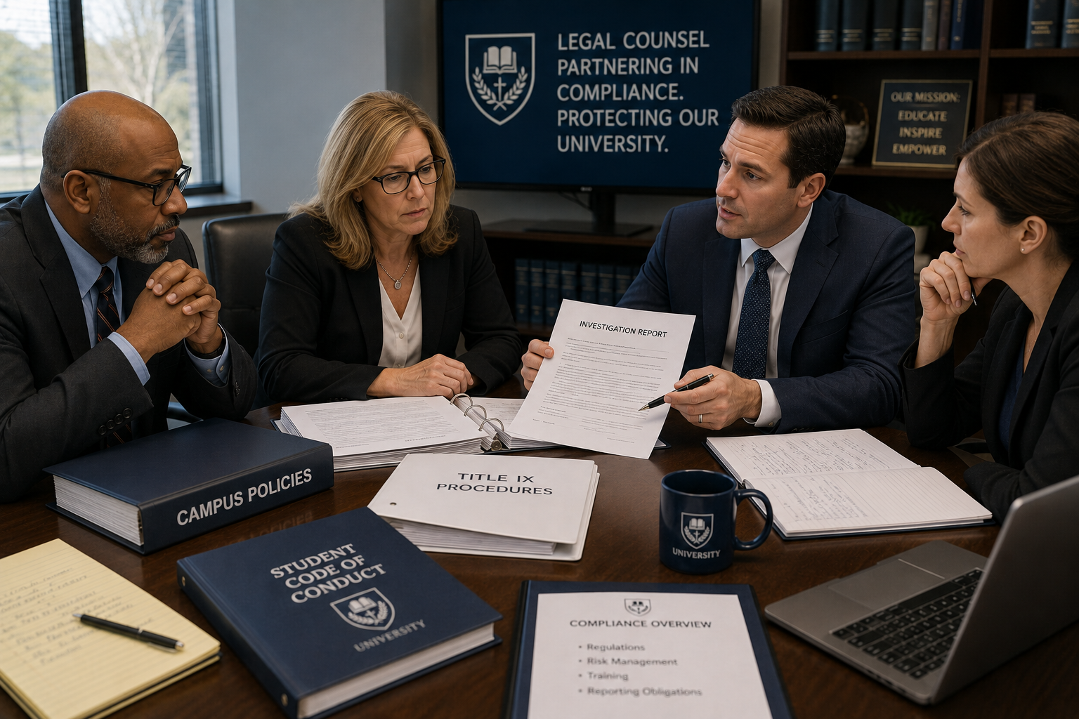 university legal counsel reviewing higher education policies and compliance
