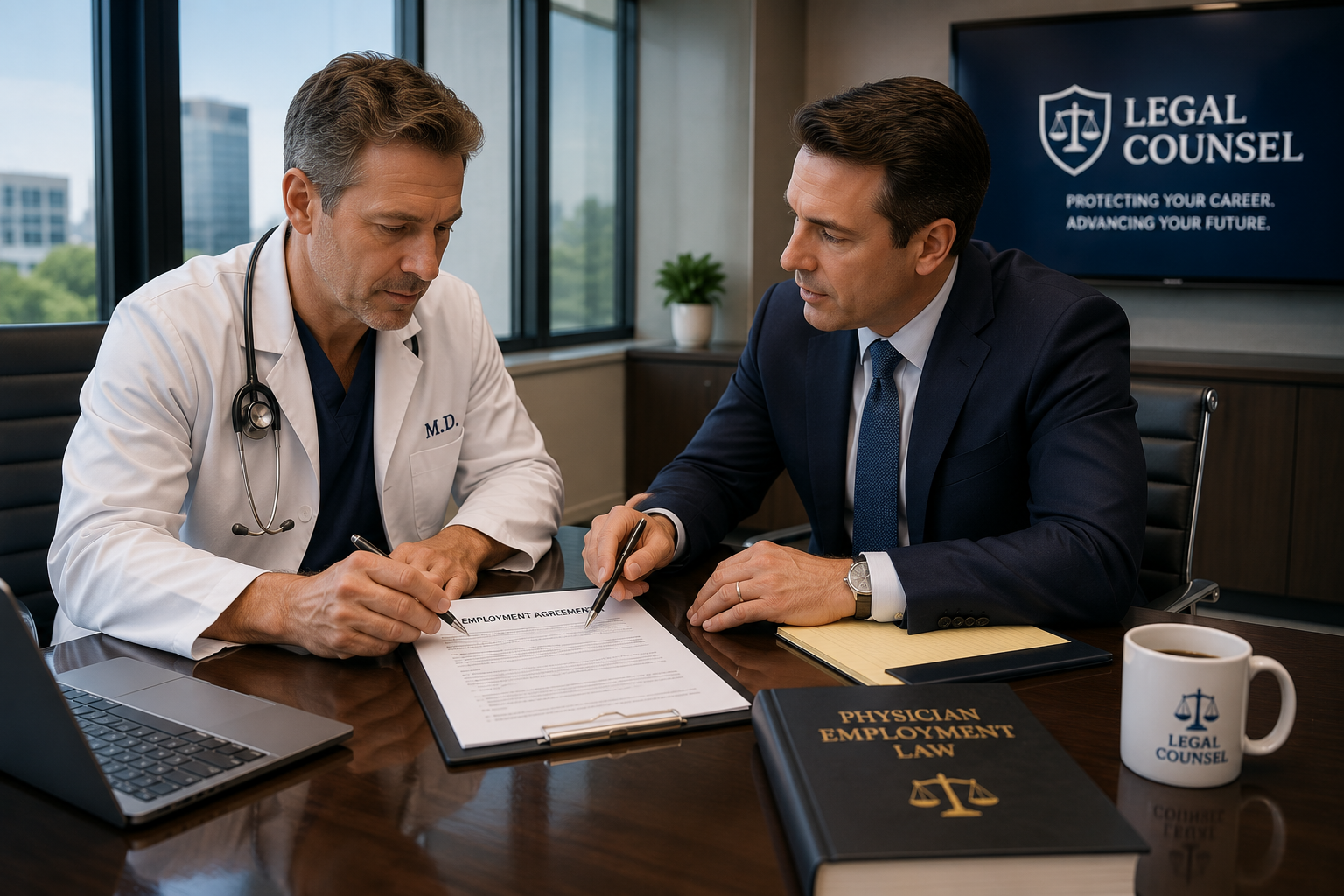 physician contract review attorney reviewing employment agreement with physician