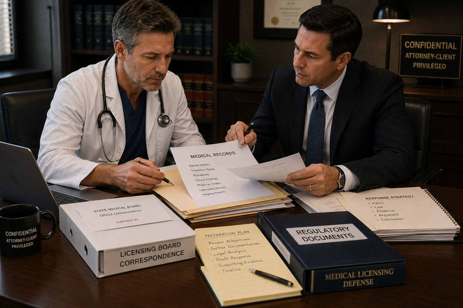medical license defense lawyer reviewing physician investigation documents