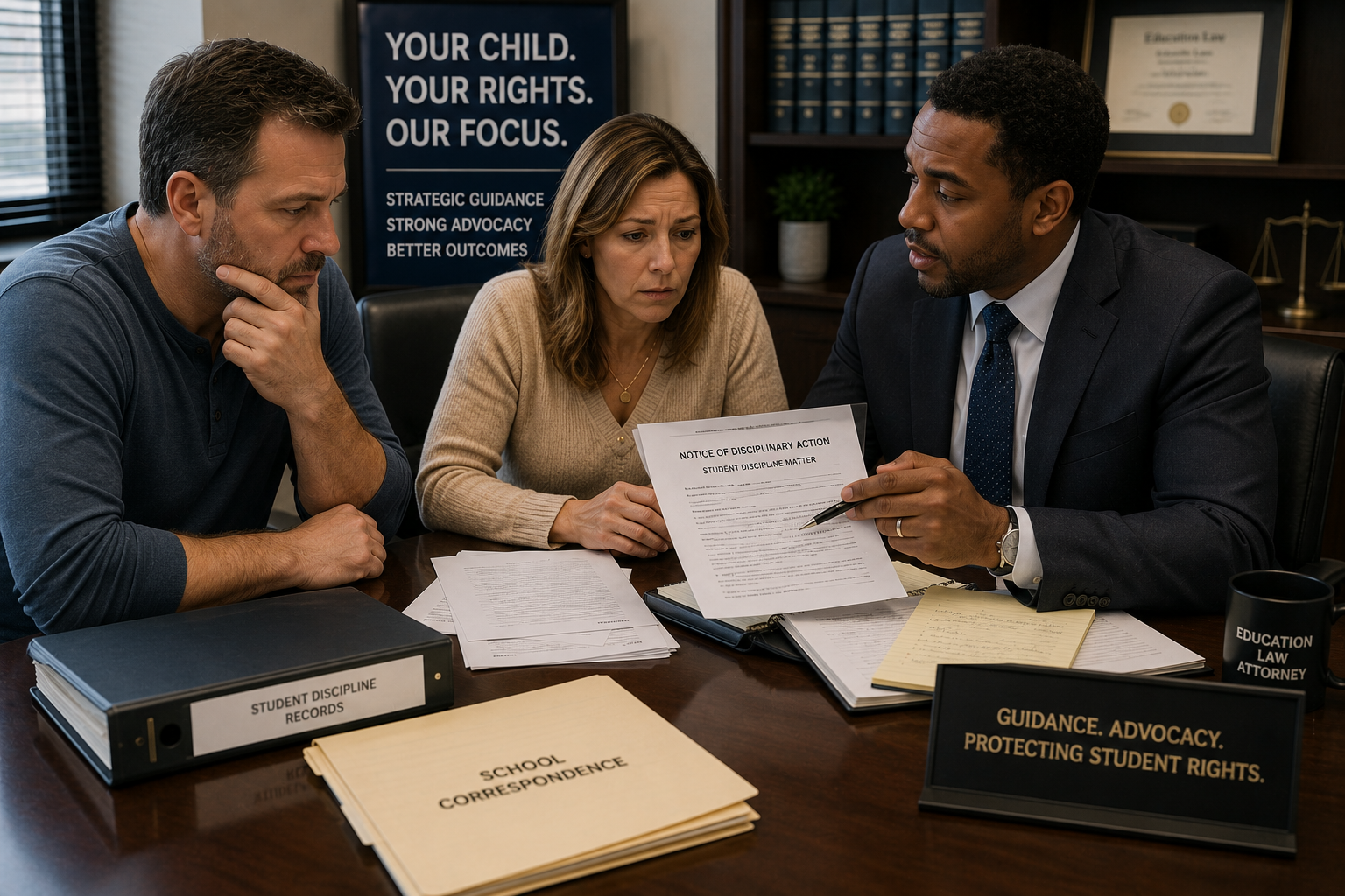 student discipline attorney meeting with family about school disciplinary hearing