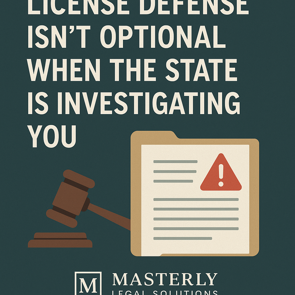 LICENSE DEFENSE ISN’T OPTIONAL WHEN THE STATE IS INVESTIGATING YOU” in white uppercase letters on a dark teal background. Below the text, there’s an illustrated beige file folder with a red warning symbol and a brown gavel leaning against it. The logo for Masterly Legal Solutions appears at the bottom.
