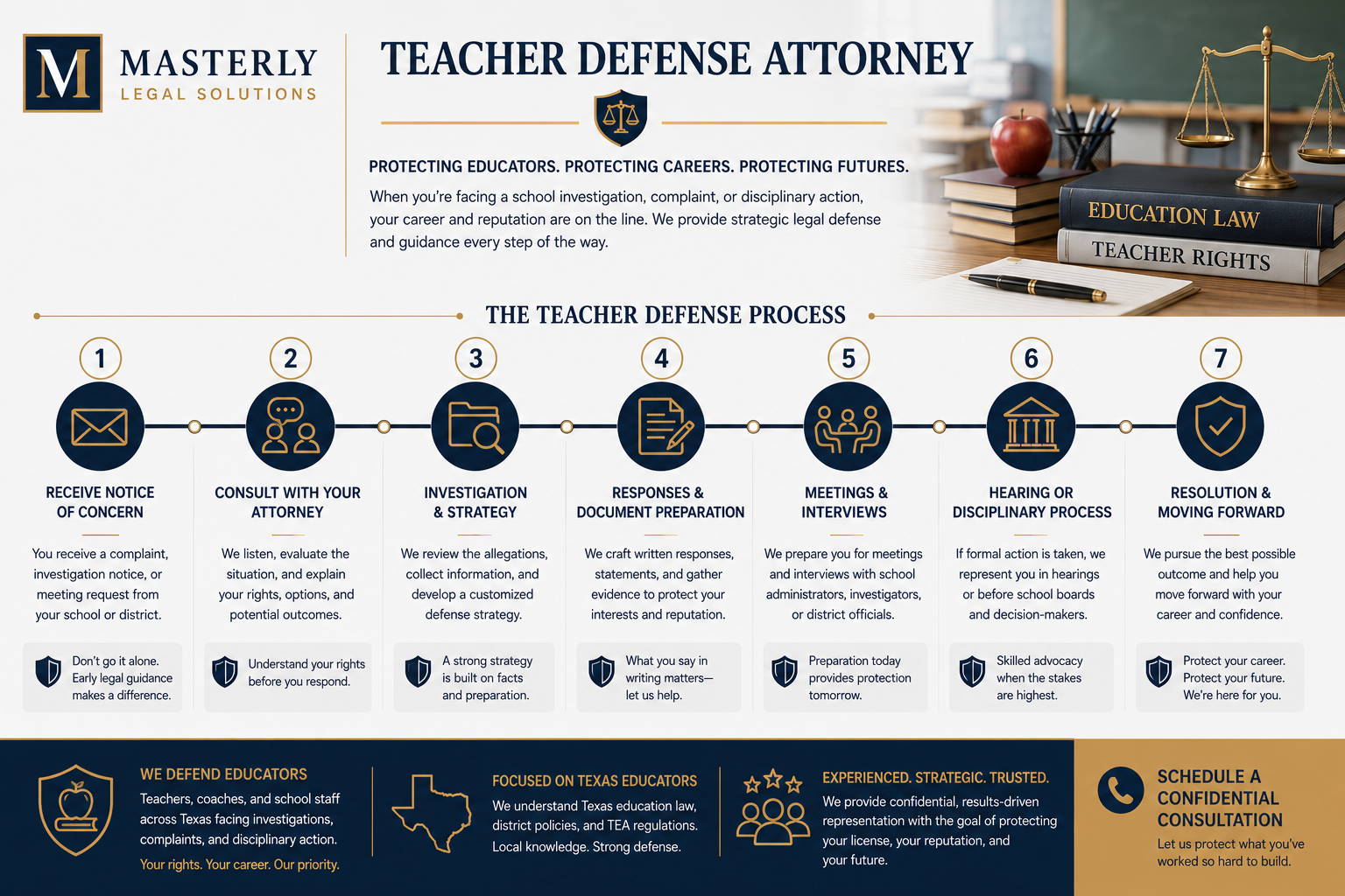 Process or timeline graphic. teacher defense attorney