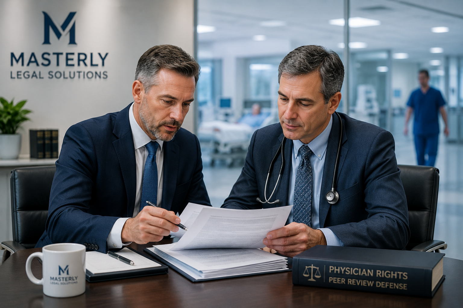 Physician meeting with a physician peer review attorney before a hospital committee review.
