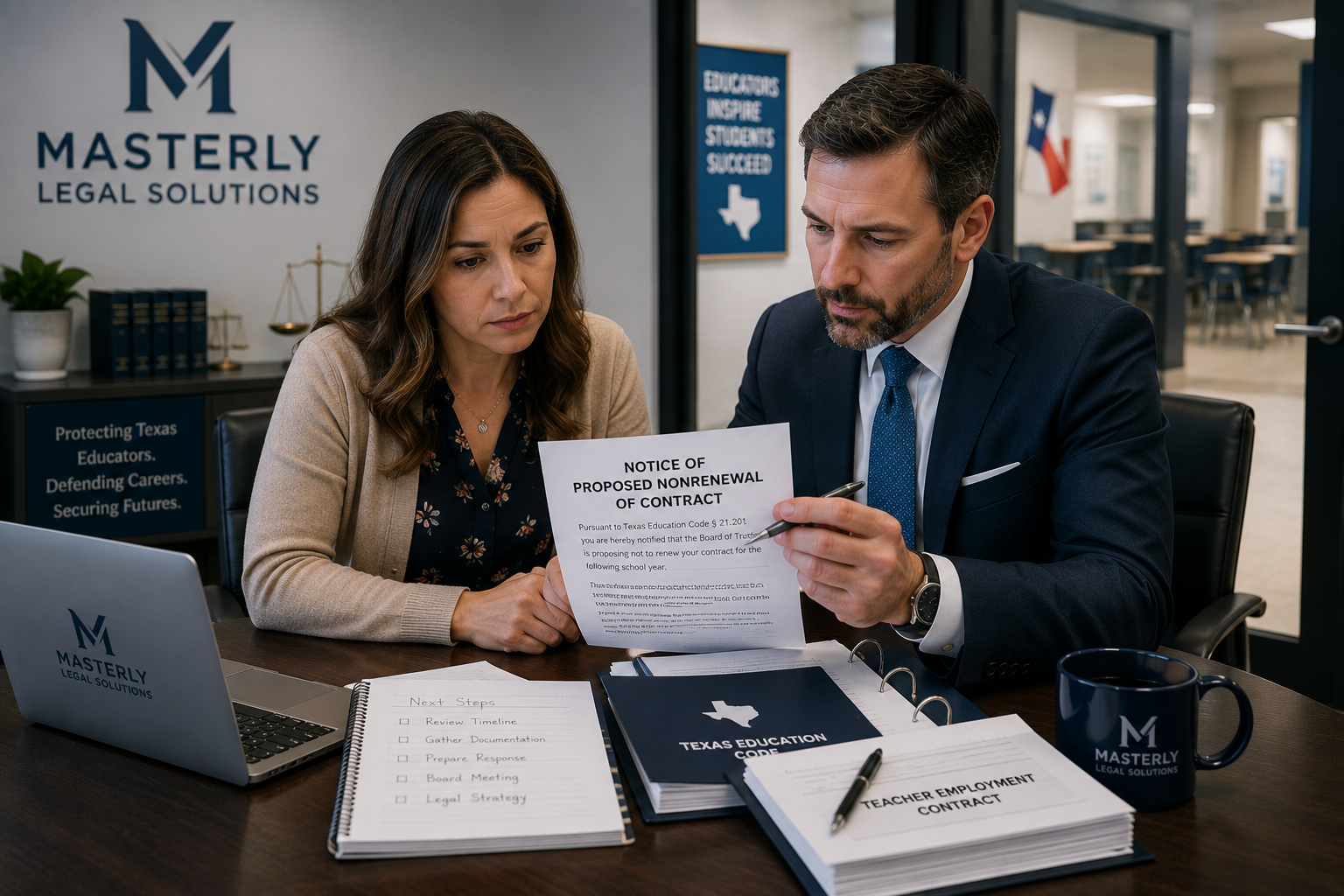 Teacher meeting with a teacher contract nonrenewal attorney to review a proposed nonrenewal notice in Texas.