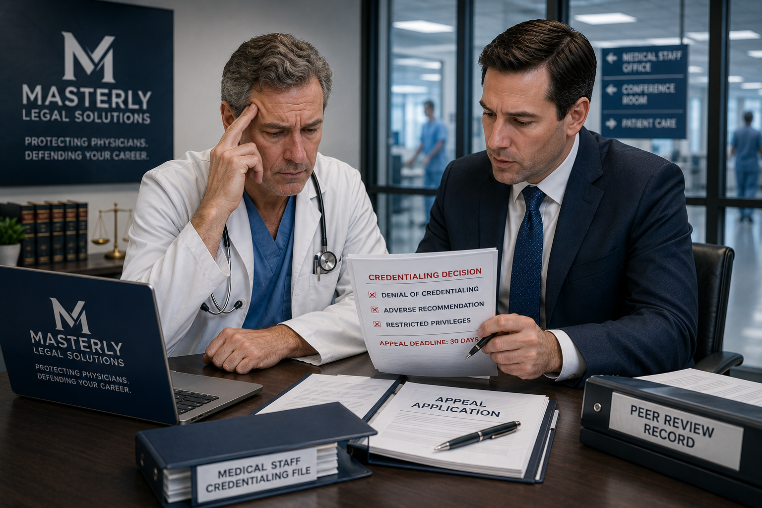 Physician reviewing a physician credentialing appeal with an attorney before a hospital privileges hearing.