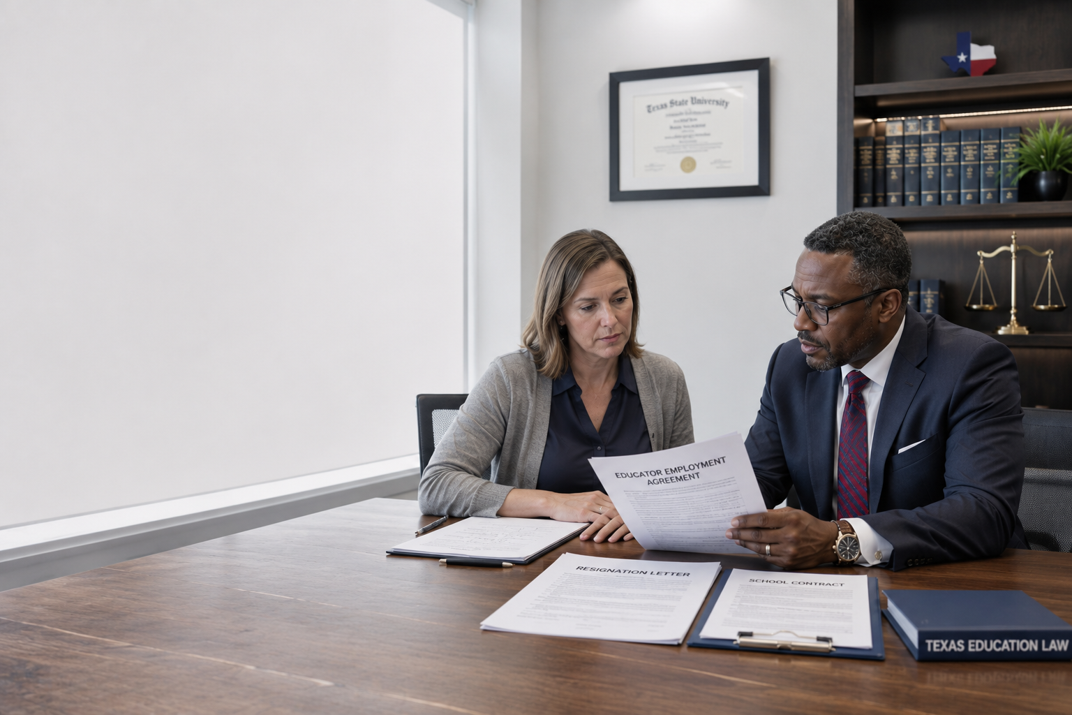Texas teacher reviewing a teacher resignation contract with an education law attorney before leaving a school district.
