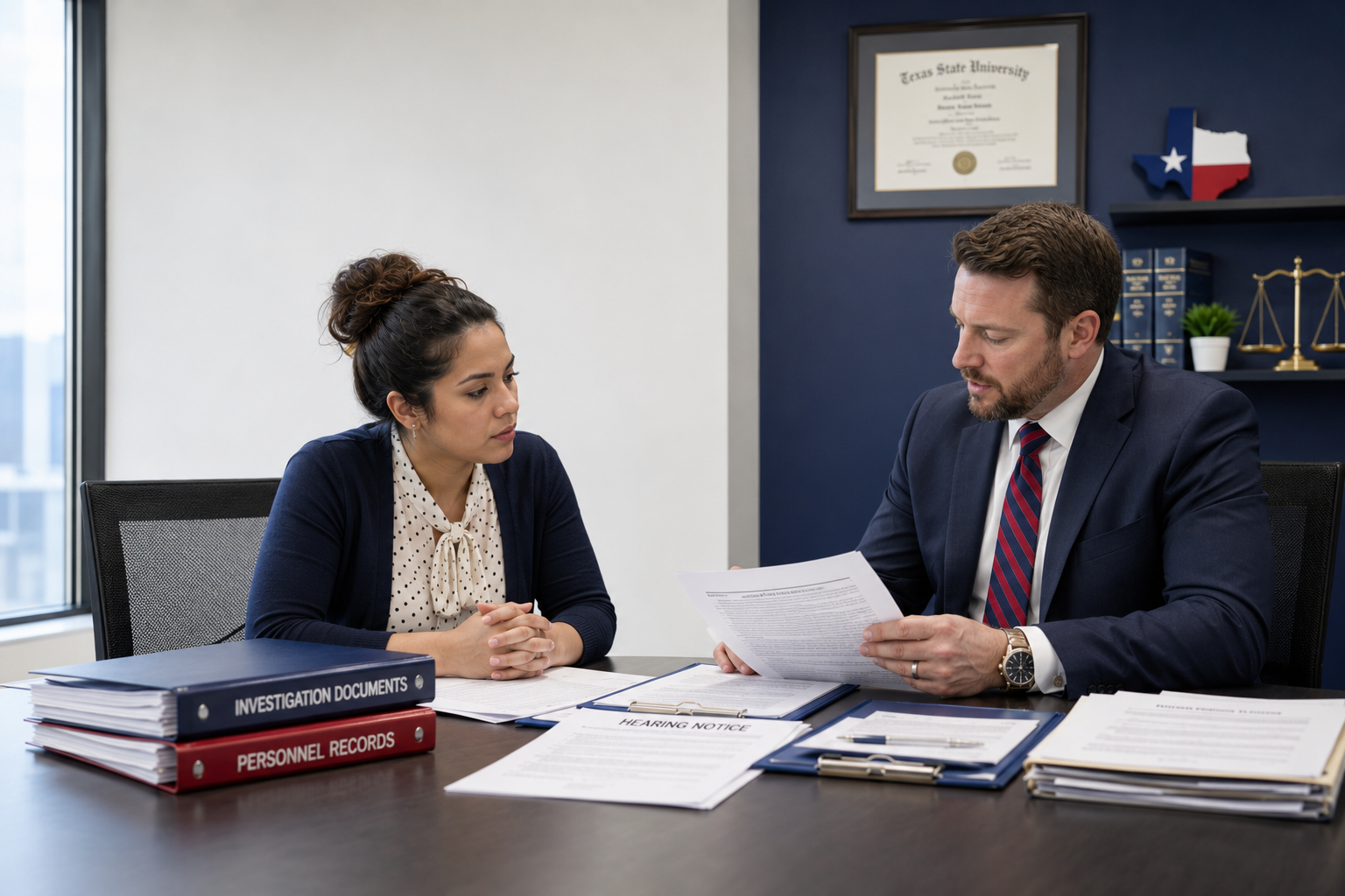 Educator due process attorney preparing a teacher for a disciplinary hearing with employment records and legal documents.