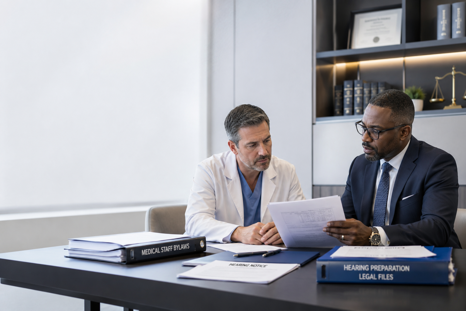 Hospital fair hearing attorney reviewing adverse recommendation with physician before a medical staff hearing.