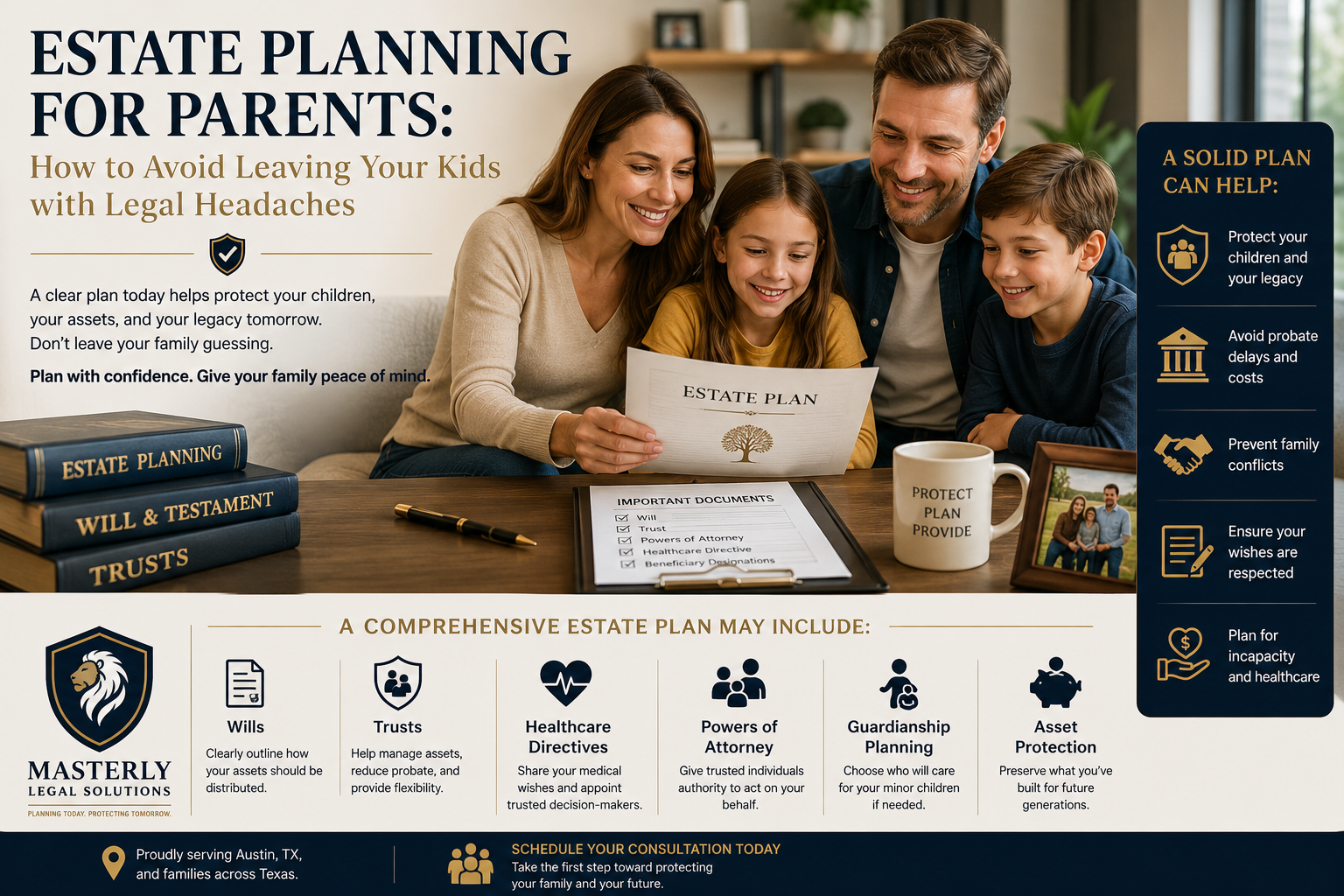 Family reviewing estate planning documents with an attorney-inspired legal theme, highlighting wills, trusts, guardianship planning, asset protection, probate avoidance, and comprehensive estate planning for parents.