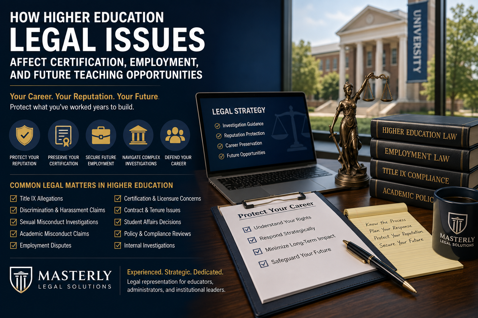 Higher education attorney consulting with university faculty and administrators on Title IX, employment law, certification, and legal issues affecting academic careers and professional reputation.