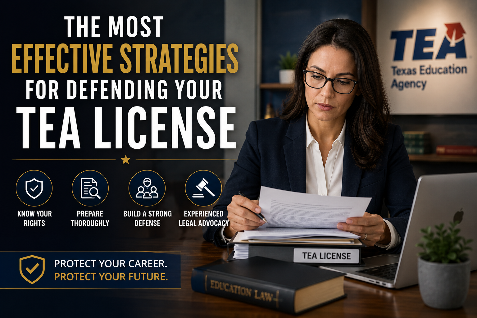 Education professional reviewing legal documents related to a Texas educator certification while working at a desk, representing TEA license defense and educator legal protection.