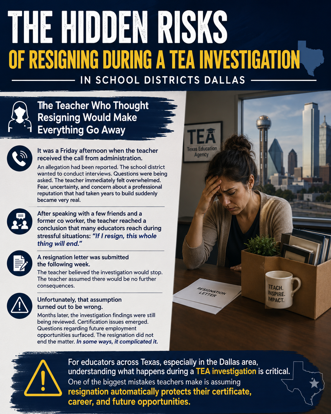 The Hidden Risks of Resigning During a TEA Investigation in School Districts Dallas.” The graphic tells the story of a teacher who resigns after learning of a school district investigation, believing it will end the matter. On the left, illustrated sections describe receiving allegations, feeling overwhelmed, submitting a resignation, and later discovering that certification and employment issues continued despite resigning. On the right, a concerned teacher sits at a desk with a resignation letter, classroom items, and a Dallas skyline visible through the window. The bottom section warns Texas educators that resigning during a TEA investigation does not automatically protect a teaching certificate, career, or future job opportunities.