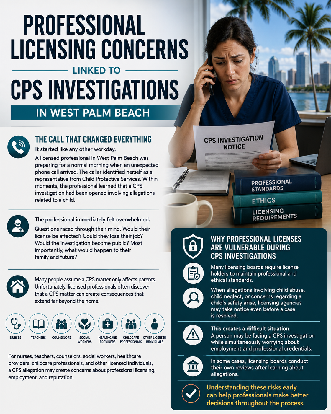 Professional Licensing Concerns Linked to CPS Investigations in West Palm Beach.” The graphic features a concerned healthcare professional sitting at a desk while speaking on the phone and reviewing a document labeled “CPS Investigation Notice,” with a waterfront city skyline and palm trees visible through the window. The left side explains how an unexpected CPS investigation can create fear and uncertainty about employment, licensing, family, and reputation. Icons represent professions such as nurses, teachers, counselors, social workers, healthcare providers, childcare professionals, and other licensed individuals. The right side highlights how licensing boards may review allegations involving child abuse, neglect, or child safety concerns, sometimes before a case is resolved. The infographic emphasizes that CPS investigations can affect professional licenses, employment opportunities, and reputations, and encourages professionals to understand these risks early to make informed decisions throughout the process.