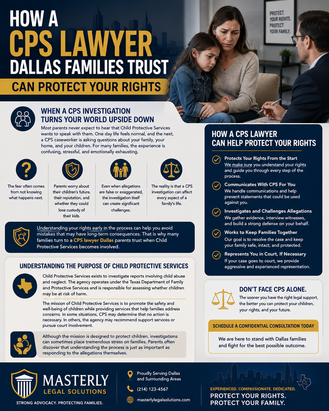How a CPS Lawyer Dallas Families Trust Can Protect Your Rights.” The design features a worried mother holding her young daughter while speaking with an attorney in an office setting. The infographic explains how Child Protective Services (CPS) investigations can disrupt a family's life and emphasizes the importance of understanding legal rights early in the process. Key sections discuss the emotional impact of CPS investigations, concerns about child custody, reputation, and family stability, and how a CPS lawyer can help protect parents' rights. A highlighted panel outlines legal support services, including communicating with CPS, challenging allegations, gathering evidence, protecting parental rights, and providing court representation when necessary. Additional content explains the role of Child Protective Services in investigating reports of child abuse and neglect under the Texas Department of Family and Protective Services. The infographic concludes with a call to action encouraging families to seek legal guidance promptly and includes branding for Masterly Legal Solutions, emphasizing strong advocacy and family protection.