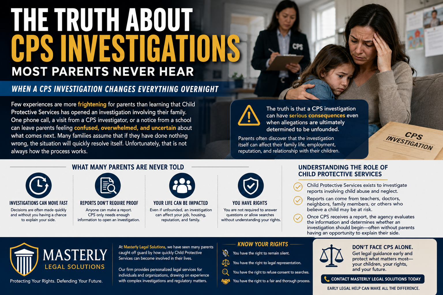The Truth About CPS Investigations Most Parents Never Hear.” The design features a concerned mother holding her child while a CPS investigator stands in the background taking notes. The infographic explains how Child Protective Services (CPS) investigations can affect families even when allegations are ultimately unfounded. Key sections discuss how investigations can begin quickly, that reports do not require proof to trigger an investigation, the impact on employment, reputation, and family relationships, and the importance of understanding parental rights. Additional content explains the role of Child Protective Services in investigating reports of child abuse and neglect and emphasizes the value of obtaining legal representation early. The bottom of the graphic highlights Masterly Legal Solutions and includes a call to action encouraging parents to seek legal guidance to protect their rights, their children, and their future.