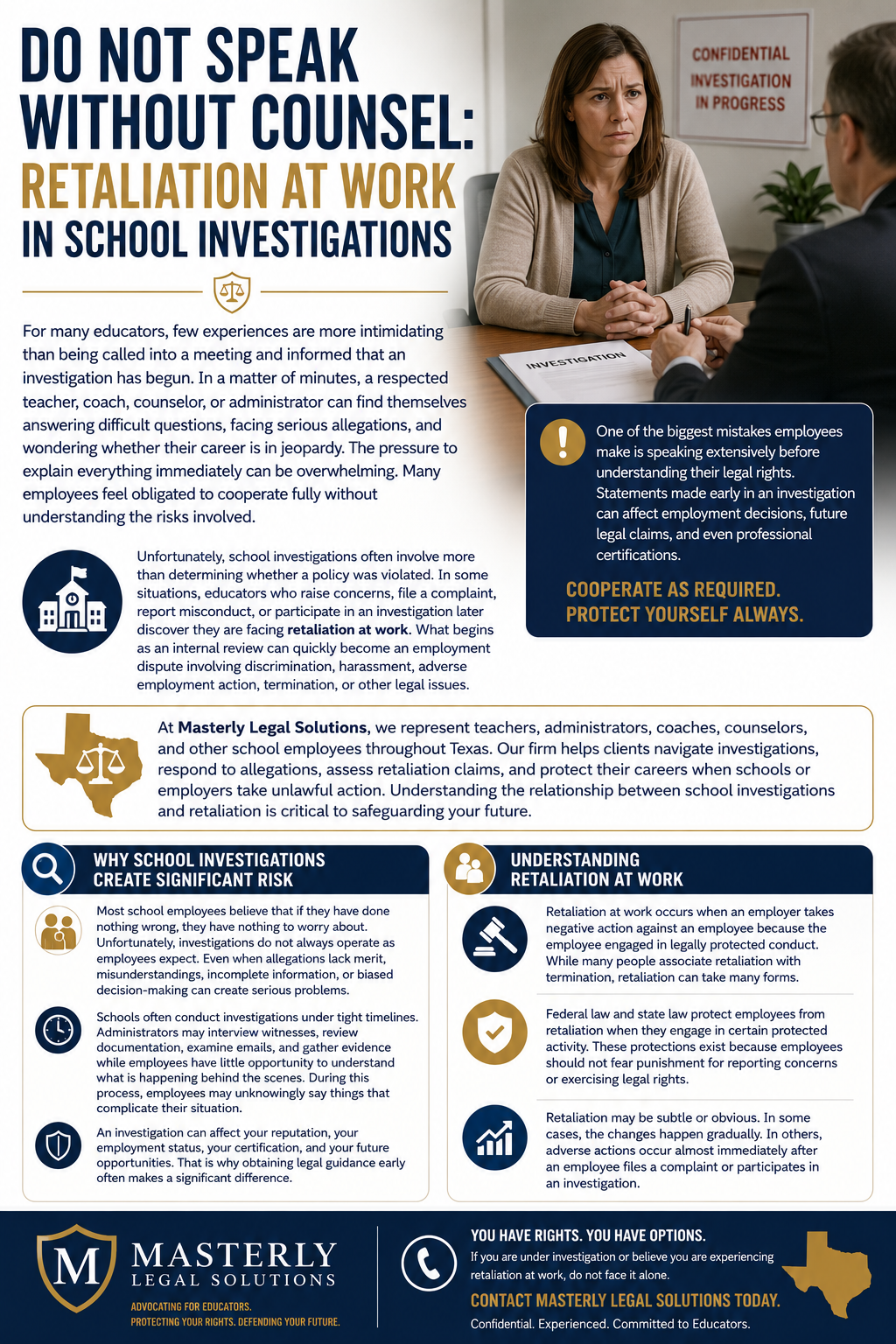 Do Not Speak Without Counsel: Retaliation at Work in School Investigations.” The design features a concerned educator seated across from an investigator in an office, with a sign in the background reading “Confidential Investigation in Progress.” Large navy and gold headline text emphasizes the importance of obtaining legal guidance before making statements during a workplace investigation.
The infographic explains that school investigations can be intimidating and may involve allegations, employment disputes, discrimination claims, harassment complaints, adverse employment actions, or termination. A highlighted warning box states that one of the biggest mistakes employees make is speaking extensively before understanding their legal rights, noting that early statements can affect employment decisions, legal claims, and professional certifications.
Additional sections explain why school investigations create significant risk, describing how administrators may gather evidence, interview witnesses, and review documents while employees have limited information about the process. Another section defines retaliation at work as negative action taken against an employee for engaging in legally protected activity, such as reporting concerns, filing complaints, or participating in investigations. The infographic notes that retaliation can be subtle or obvious and may occur shortly after protected activity.
The layout includes legal-themed icons, school-related graphics, a Texas state silhouette, and Masterly Legal Solutions branding. A call to action encourages educators facing investigations or retaliation to seek experienced legal counsel to protect their rights, careers, reputations, and future opportunities.