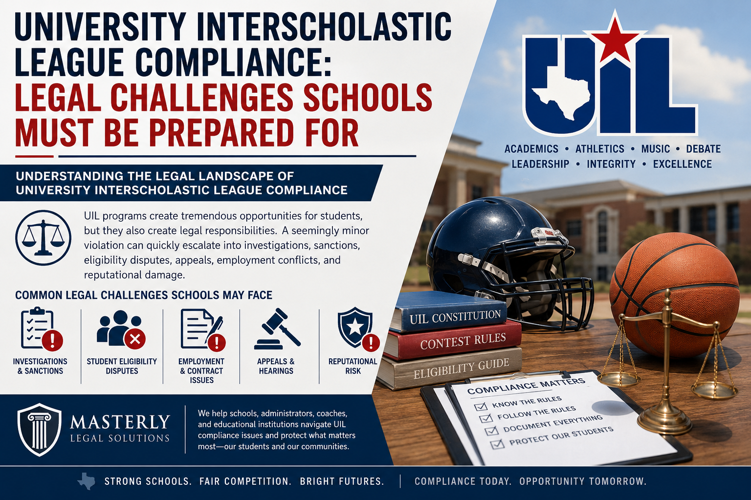University Interscholastic League Compliance: Legal Challenges Schools Must Be Prepared For.” The design features a large UIL logo, a school campus background, a football helmet, basketball, scales of justice, and compliance-related documents. The infographic explains that UIL participation creates legal responsibilities for schools and highlights common legal challenges, including investigations and sanctions, student eligibility disputes, employment and contract issues, appeals and hearings, and reputational risk. A section from Masterly Legal Solutions emphasizes legal guidance for schools, administrators, coaches, and educational institutions navigating UIL compliance matters. The color scheme uses navy blue, red, and white, reflecting a professional educational and legal theme.