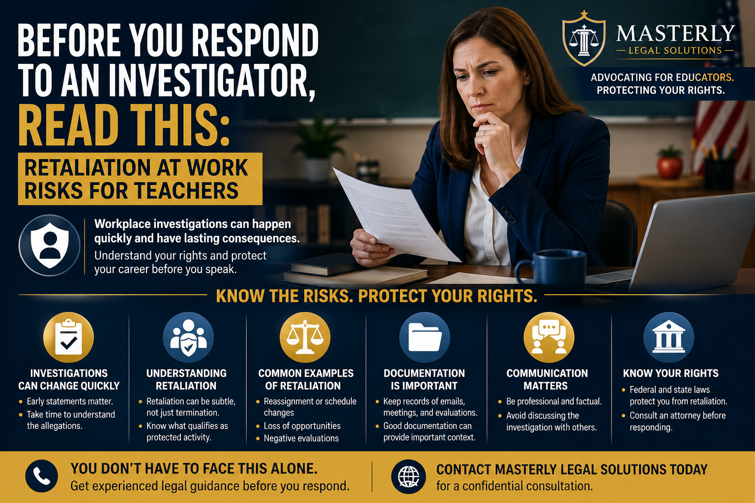 Teacher reviewing investigation documents in a school office, representing workplace retaliation risks, employment investigations, legal rights, and professional guidance before responding to an investigator.