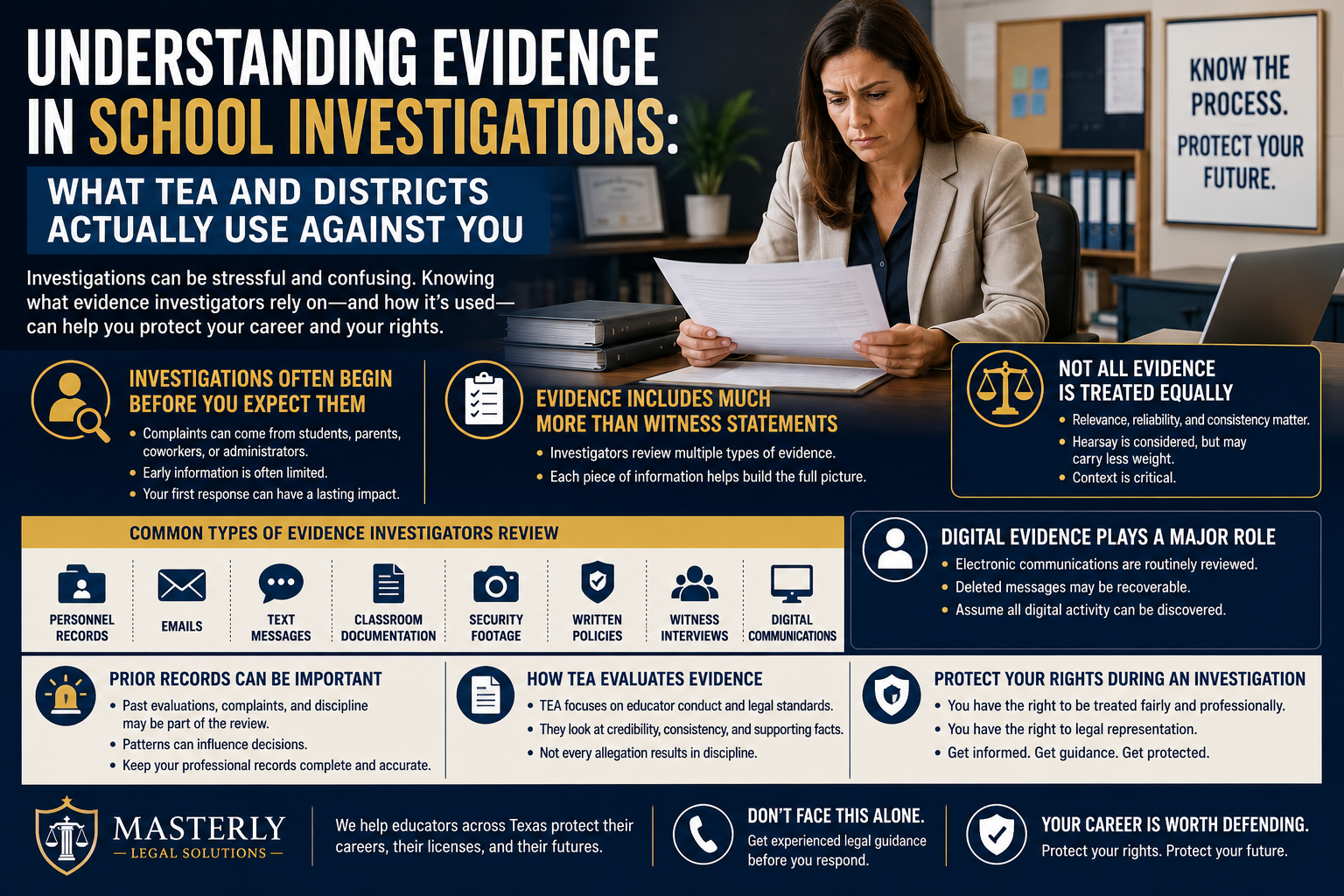 Teacher reviewing school investigation documents at a desk, illustrating how school districts and the TEA evaluate evidence such as emails, witness statements, personnel records, and digital communications during educator investigations.