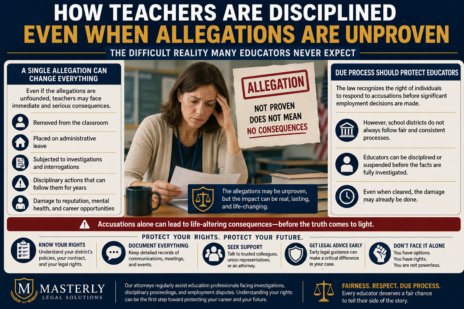 How Teachers Are Disciplined Even When Allegations Are Unproven: The Difficult Reality Many Educators Never Expect.” At the center, a concerned teacher sits at a desk reading documents while holding her head in distress. Beside her is a large sign labeled “Allegation” with the message, “Not Proven Does Not Mean No Consequences.” The left panel explains how a single allegation can change everything, listing possible consequences such as removal from the classroom, administrative leave, investigations, long-term disciplinary actions, and damage to reputation, mental health, and career opportunities. The right panel discusses due process protections, noting that educators have the right to respond to accusations but that school districts do not always follow fair or consistent procedures. A highlighted banner warns that accusations alone can lead to life-altering consequences before the truth is known. The bottom section encourages educators to know their rights, document communications and events, seek support, obtain legal advice early, and avoid facing investigations alone. The infographic concludes with a message emphasizing fairness, respect, and due process for education professionals.