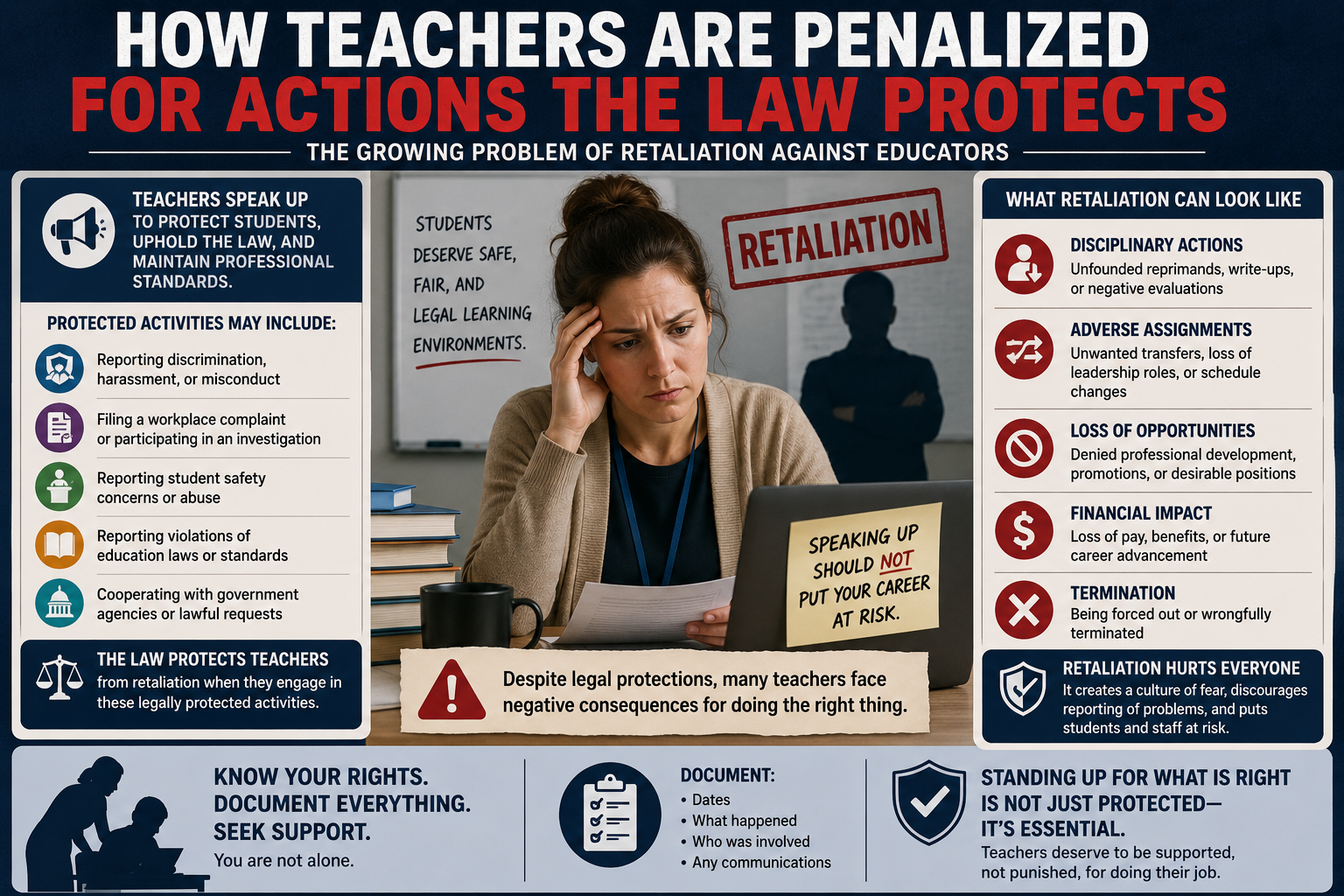 How Teachers Are Penalized for Actions the Law Protects: The Growing Problem of Retaliation Against Educators.” The center features a concerned teacher sitting at a desk reviewing documents, with a large red “Retaliation” stamp in the background and a note reading, “Speaking up should not put your career at risk.” The left panel explains legally protected activities, including reporting discrimination, filing workplace complaints, reporting student safety concerns, reporting violations of education laws, and cooperating with government agencies. The right panel lists common forms of retaliation, such as disciplinary actions, adverse assignments, loss of opportunities, financial impact, and termination. A warning message states that despite legal protections, many teachers face negative consequences for doing the right thing. The bottom section encourages educators to know their rights, document incidents, seek support, and stand up for what is right, emphasizing that retaliation harms teachers, students, and school communities.