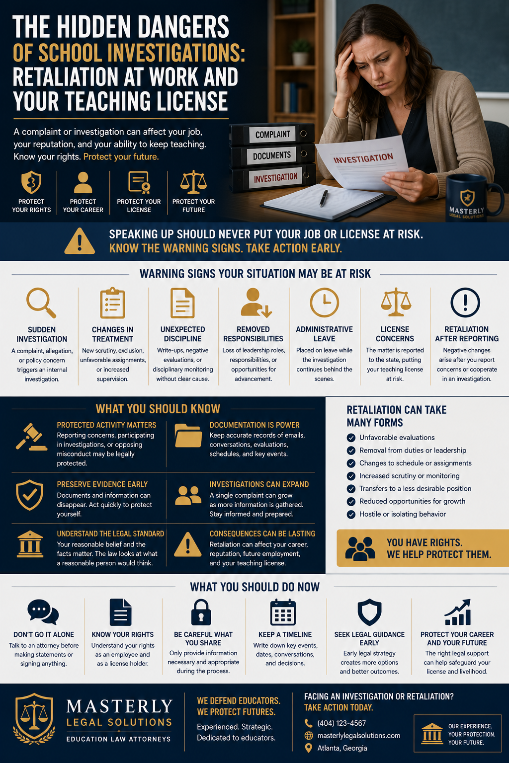 Infographic illustrating the risks of school investigations for educators, featuring a concerned teacher reviewing investigation documents and highlighting workplace retaliation, teaching license protection, administrative leave, legal rights, documentation, and employment law guidance from Masterly Legal Solutions.