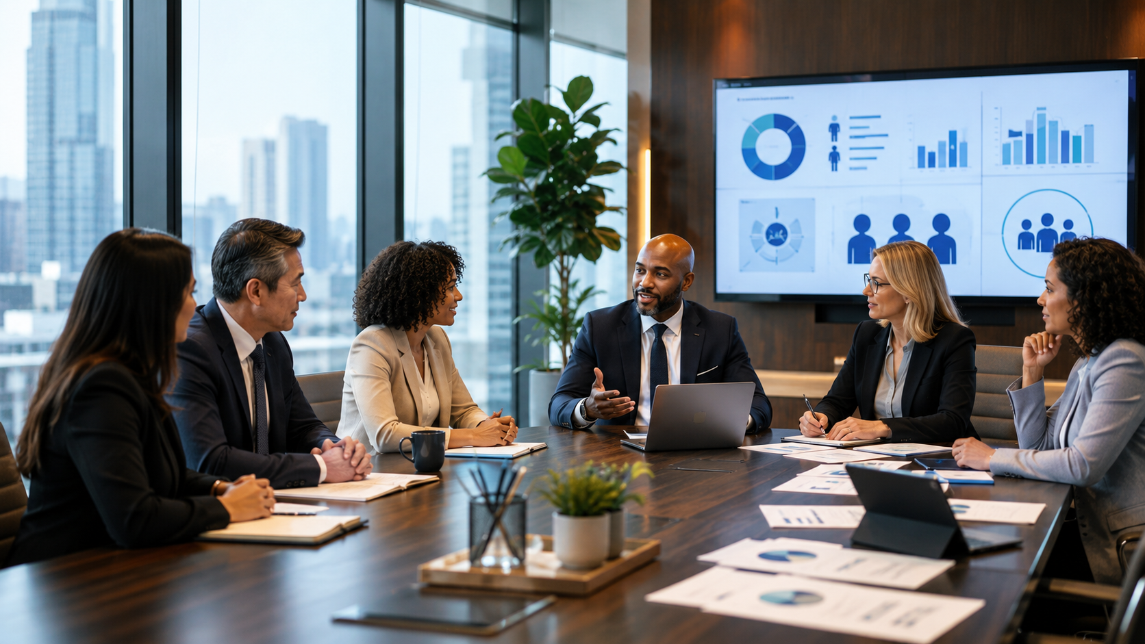 Corporate executives and legal counsel collaborate in a modern boardroom reviewing DEI initiatives, compliance strategies, and workplace policies during a professional business consulting meeting.