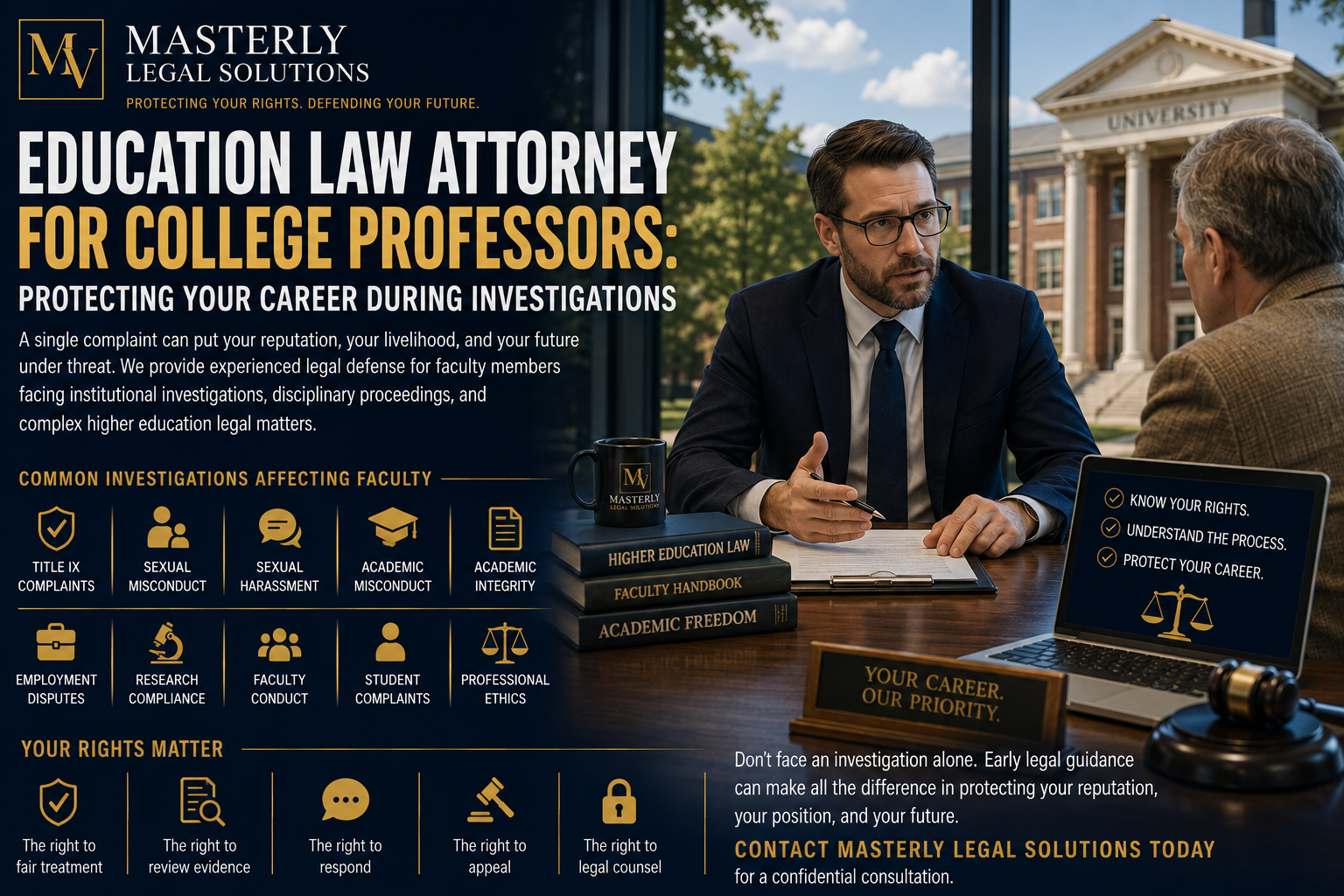 Education law attorney meeting with a college professor in a professional office to discuss a university investigation, highlighting legal representation, faculty rights, and higher education defense.