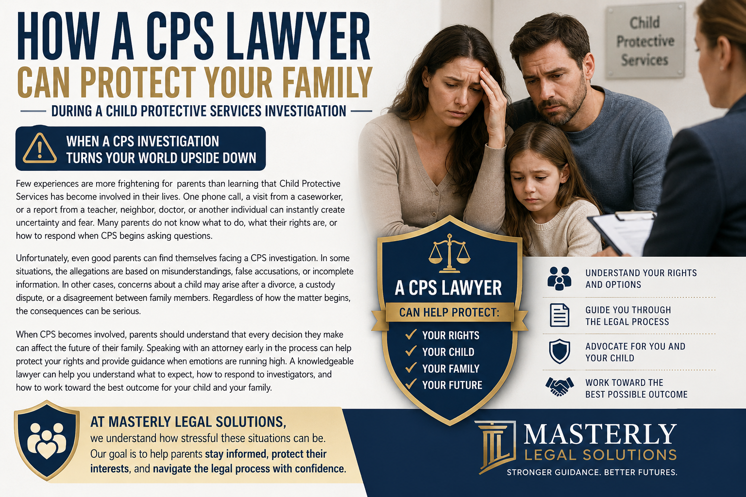 How a CPS Lawyer Can Protect Your Family During a Child Protective Services Investigation.” The design features a worried mother, father, and young daughter sitting together while speaking with a Child Protective Services representative. The left side contains informational text explaining the stress and uncertainty families face during CPS investigations and the importance of seeking legal guidance. A shield graphic in the center highlights how a CPS lawyer can help protect a parent's rights, child, family, and future. On the right, key benefits of legal representation are listed, including understanding rights and options, navigating the legal process, advocacy for parents and children, and pursuing the best possible outcome. At the bottom, Masterly Legal Solutions is identified as a law firm that helps parents stay informed, protect their interests, and confidently navigate CPS investigations. The overall color scheme uses navy blue, gold, and white to convey professionalism, trust, and legal expertise.