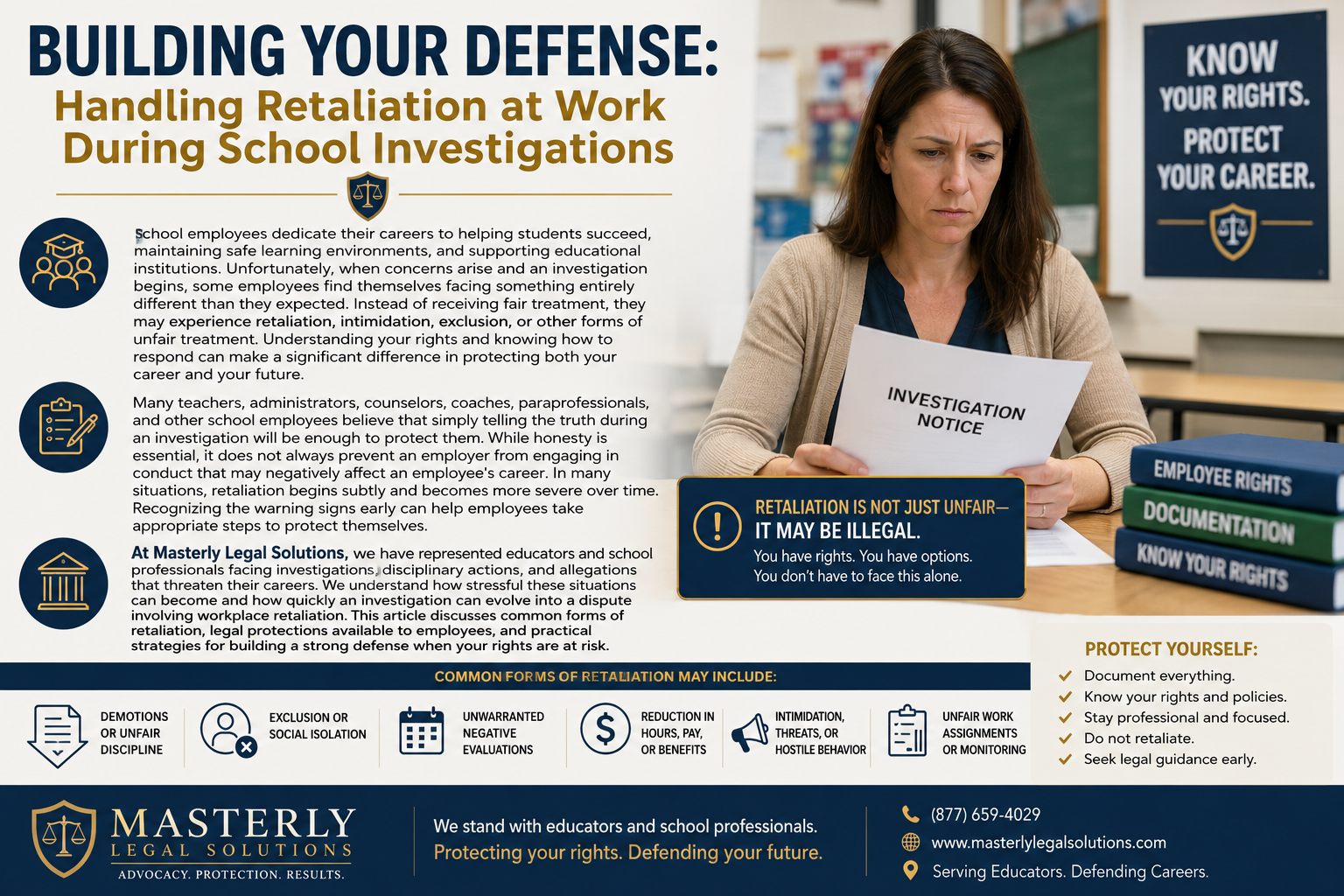 Building Your Defense: Handling Retaliation at Work During School Investigations.” The design features a concerned female educator sitting in a classroom reviewing an investigation notice. The infographic explains how school employees may face retaliation during workplace investigations and emphasizes the importance of knowing their rights. Visual icons represent common forms of retaliation, including unfair discipline, social isolation, negative evaluations, reduced pay or hours, intimidation, and unfair work assignments. A highlighted message states, “Retaliation is not just unfair—it may be illegal.” A checklist encourages employees to document everything, understand workplace policies, remain professional, avoid retaliation, and seek legal guidance early. The bottom banner displays the Masterly Legal Solutions logo and a message supporting educators and school professionals by protecting their rights and defending their careers.