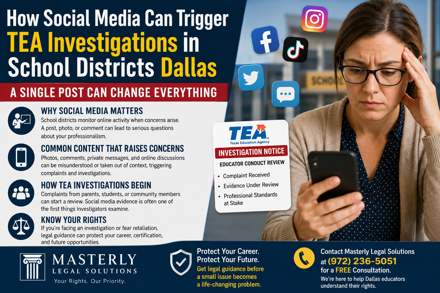 How Social Media Can Trigger TEA Investigations in School Districts Dallas” featuring a concerned educator looking at a smartphone while sitting at a desk. Social media icons including Facebook, Instagram, TikTok, and Twitter/X appear around the educator, illustrating how online activity can become evidence in a Texas Education Agency (TEA) investigation. A clipboard displaying a TEA investigation notice highlights potential consequences such as employment issues, educator certification concerns, damage to professional reputation, and loss of future opportunities. Additional graphics explain how photos, videos, comments, posts, private messages, and reports from students or parents can trigger school district investigations. The image includes Masterly Legal Solutions branding and emphasizes the importance of understanding educator rights, protecting a teaching career, and seeking legal guidance when facing a TEA investigation related to social media activity in Dallas school districts.