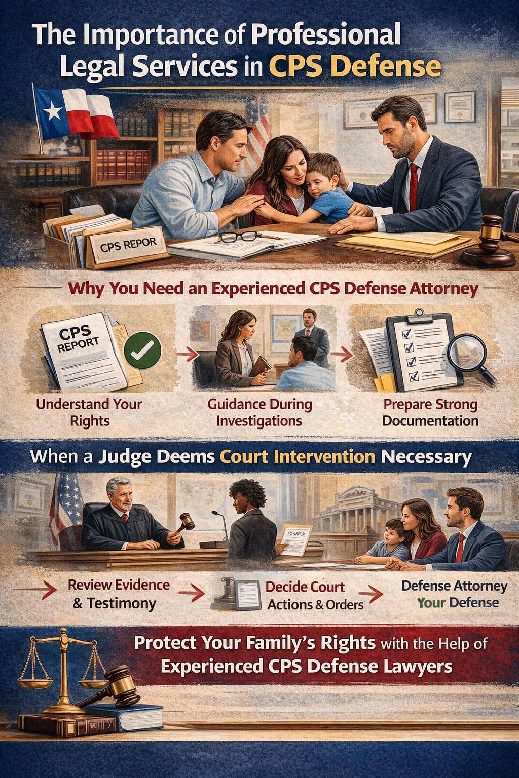 Infographic explaining the importance of professional legal services in CPS defense, showing how an experienced CPS defense attorney helps families understand their rights, respond to investigations, prepare documentation, and represent them if a judge determines court intervention is necessary.