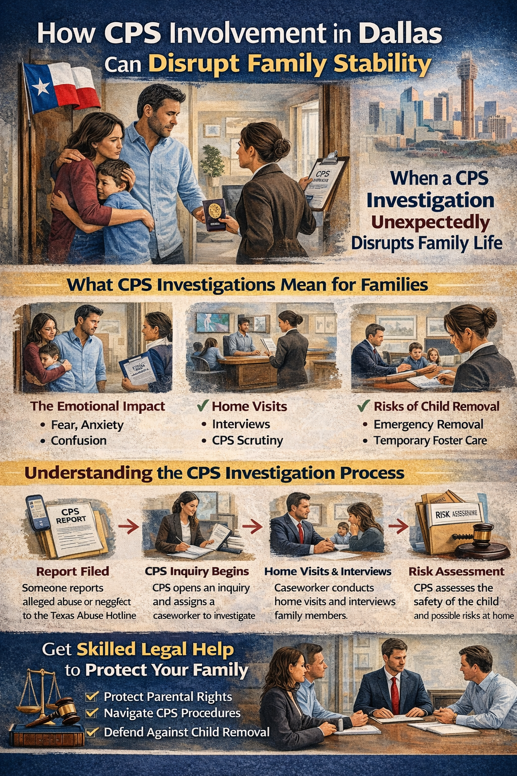 Infographic explaining how CPS involvement in Dallas can disrupt family stability, showing the emotional impact on families, the CPS investigation process including reports and home visits, potential risks such as child removal, and the importance of hiring a CPS defense attorney to protect parental rights.