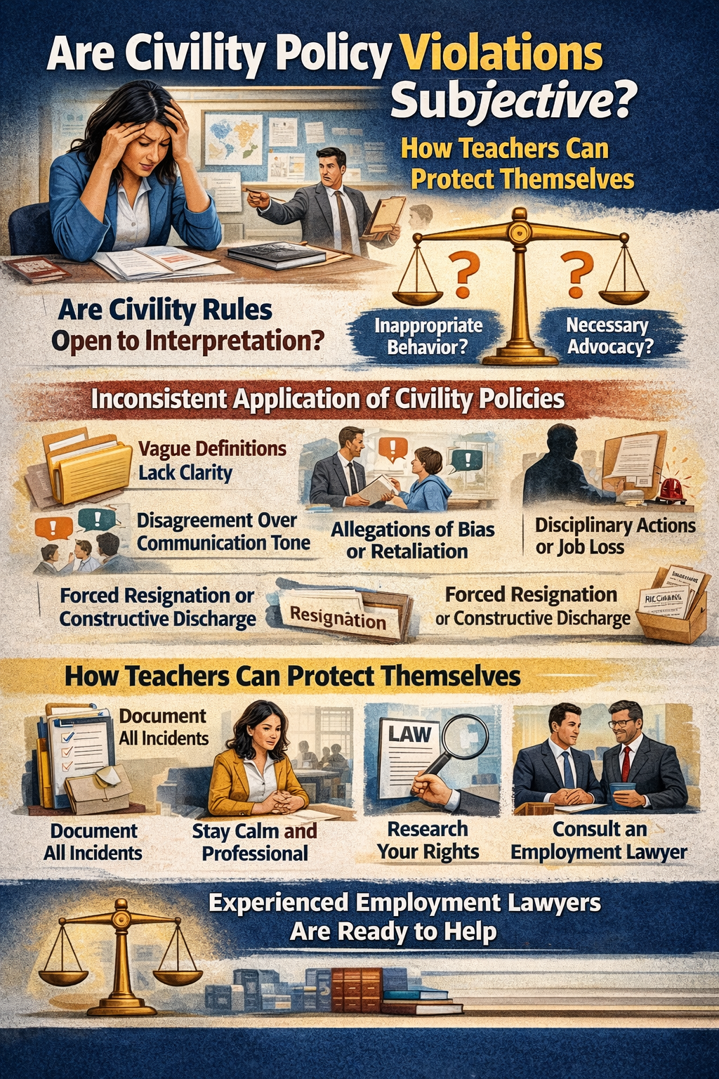 Infographic explaining how civility policy violations in schools can be subjective, highlighting risks of inconsistent enforcement, wrongful termination, forced resignation, and steps teachers can take to protect themselves, including documenting incidents and consulting an employment lawyer.