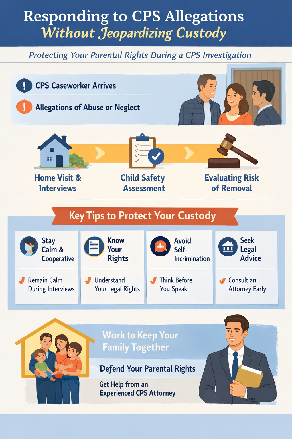 Responding to CPS Allegations Without Jeopardizing Custody” explaining the Child Protective Services investigation process and how parents can protect their rights. The graphic shows steps including a CPS caseworker arriving after allegations of abuse or neglect, followed by home visits and interviews, a child safety assessment, and evaluation of possible child removal. It also highlights key tips for parents such as staying calm, knowing legal rights, avoiding self-incrimination, and seeking legal advice, emphasizing the importance of working with an experienced CPS attorney to protect parental rights and keep families together.