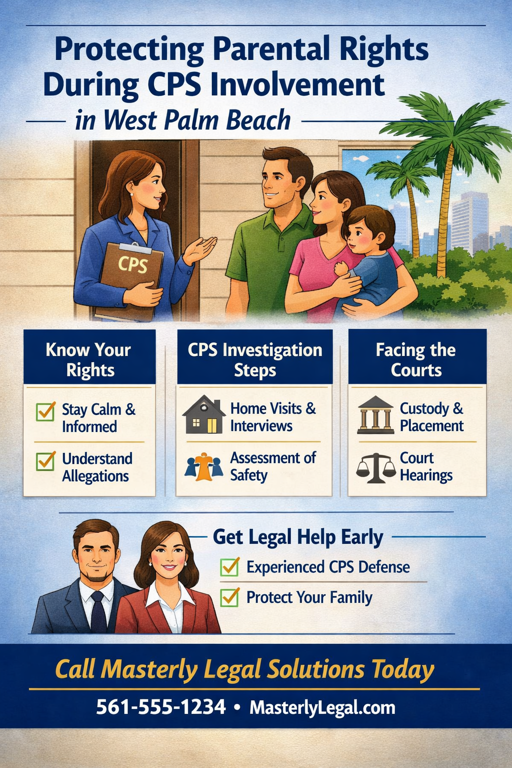Protecting Parental Rights During CPS Involvement in West Palm Beach” showing a CPS caseworker speaking with a family at their front door, with palm trees and a residential setting in the background. The graphic includes sections: “Know Your Rights” (stay calm and informed, understand allegations), “CPS Investigation Steps” (home visits, interviews, safety assessments), and “Facing the Courts” (custody and placement, court hearings). A section at the bottom emphasizes “Get Legal Help Early” with messages about experienced CPS defense and protecting your family, along with contact information for Masterly Legal Solutions.