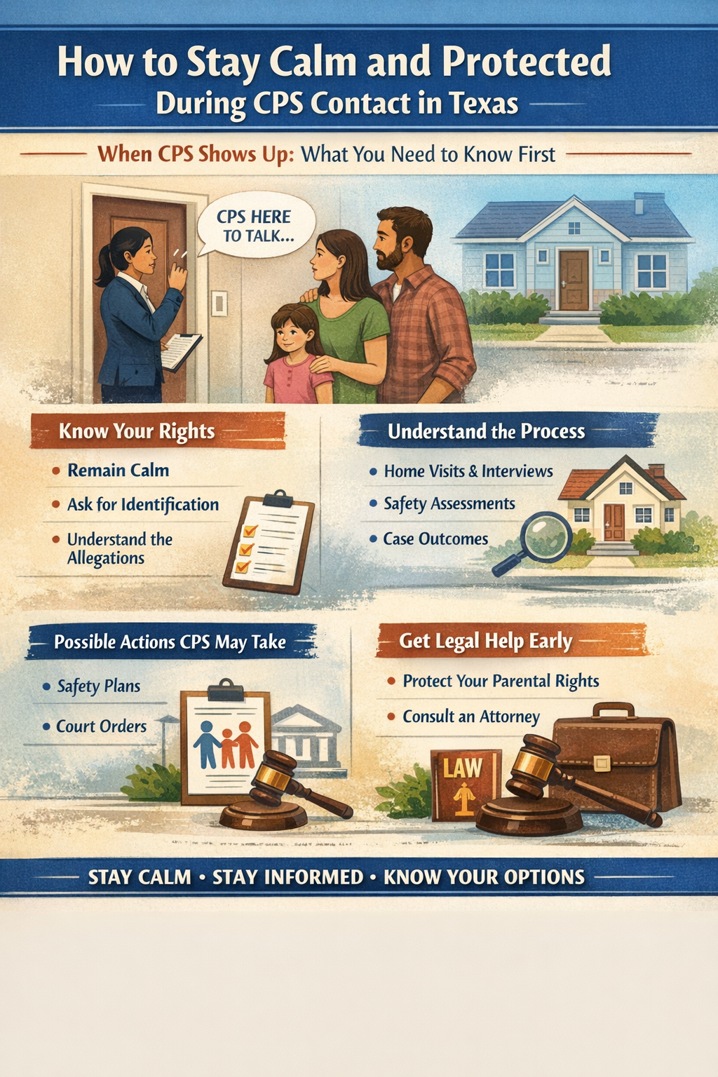 How to Stay Calm and Protected During CPS Contact in Texas” showing a CPS worker speaking with a family at their front door. The image includes sections with guidance: “Know Your Rights” (remain calm, ask for identification, understand allegations), “Understand the Process” (home visits, interviews, safety assessments), “Possible Actions CPS May Take” (safety plans and court orders), and “Get Legal Help Early” (protect parental rights and consult an attorney). Visual elements include a clipboard, magnifying glass, courthouse, and gavel, with a footer message: “Stay Calm • Stay Informed • Know Your Options.