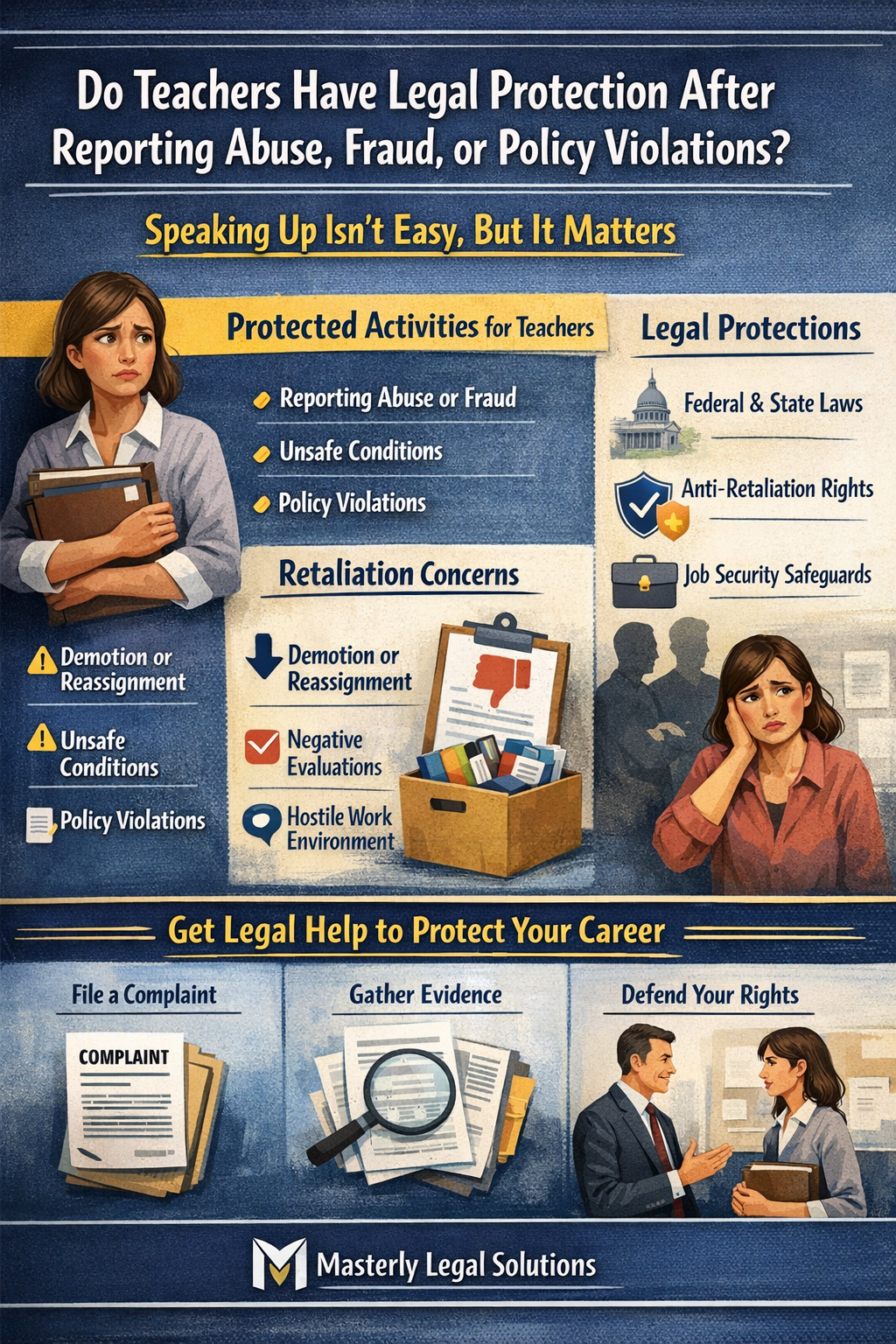 Do Teachers Have Legal Protection After Reporting Abuse, Fraud, or Policy Violations?” showing a teacher concerned about reporting misconduct and the risks of retaliation. The graphic outlines protected activities such as reporting in good faith and participating in investigations, examples of workplace retaliation like demotion and negative evaluations, and legal protections under federal and state laws. It also highlights how attorneys help teachers file complaints, gather evidence, and protect their careers, emphasizing whistleblower rights and workplace safety.