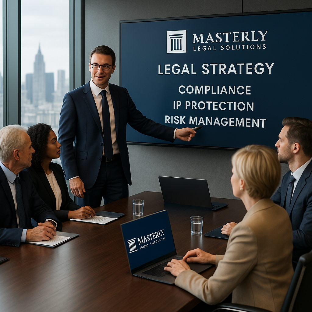 Corporate general counsel attorney presenting legal strategy to executive team in a modern boardroom, illustrating legal support for risk management, compliance, and business growth.