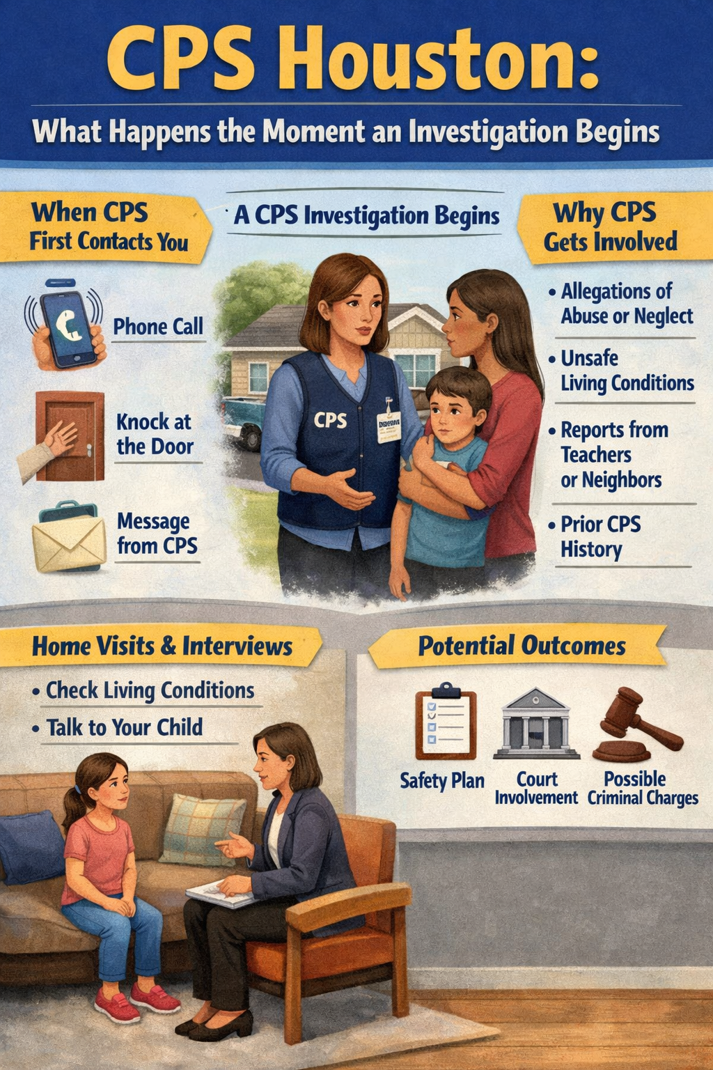 Infographic showing the steps of a CPS Houston investigation, including initial contact, home visits, interviews, and possible legal outcomes.