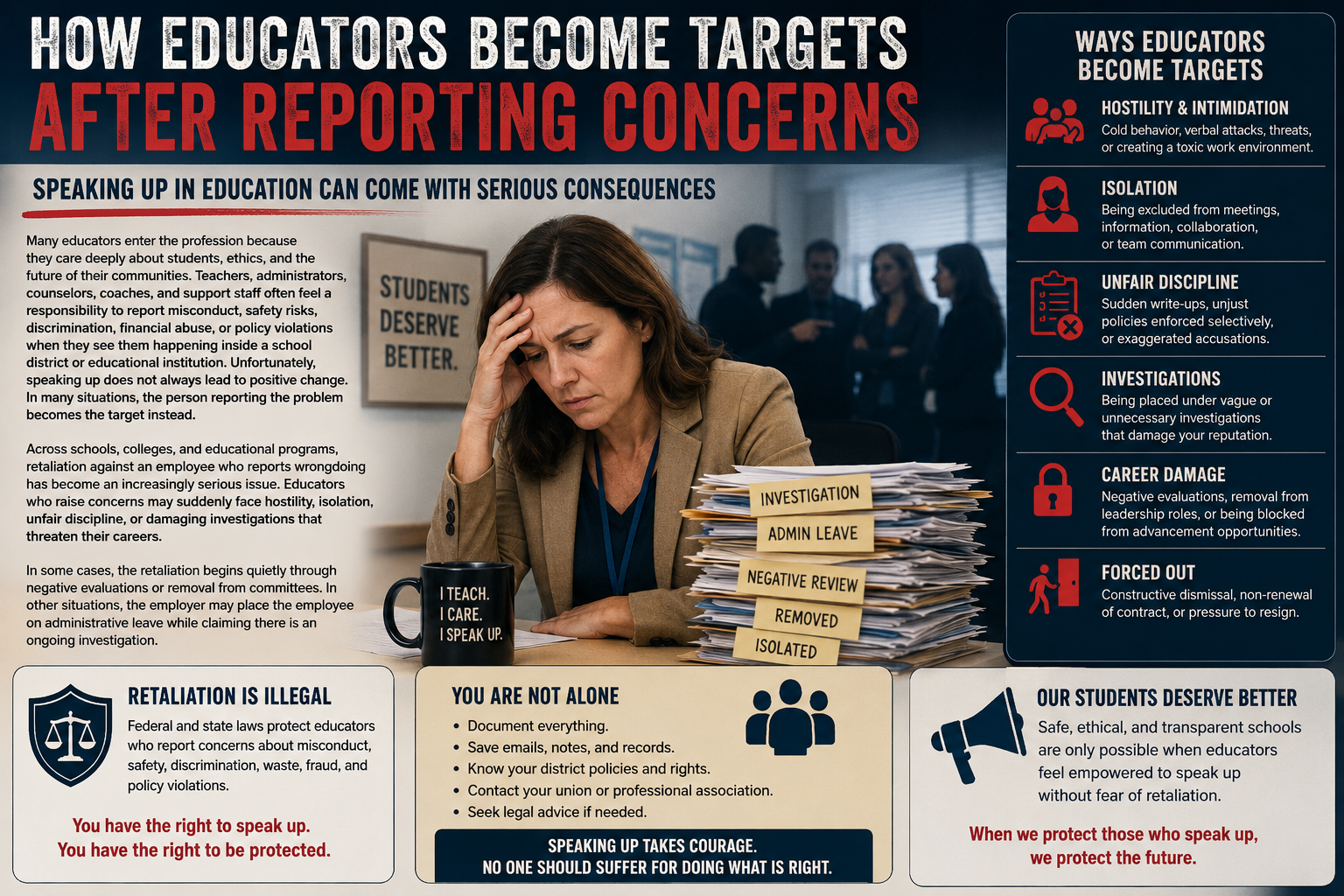 How Educators Become Targets After Reporting Concerns” shows a stressed female educator sitting at a desk in a school office with stacks of files labeled “Investigation,” “Admin Leave,” “Negative Review,” “Removed,” and “Isolated.” Behind her, blurred administrators appear to be discussing concerns in the background. The infographic explains how educators who report misconduct, safety risks, discrimination, or policy violations may face retaliation. A side panel lists common forms of retaliation including hostility and intimidation, isolation, unfair discipline, investigations, career damage, and being forced out. Additional sections emphasize that retaliation is illegal, encourage educators to document everything and seek support, and promote safe and ethical schools where educators can speak up without fear. The design uses bold red, black, and white colors with legal and education-themed icons throughout.