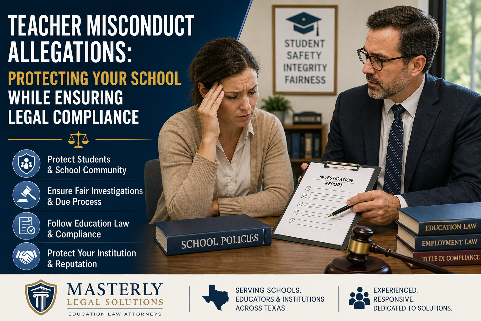 Teacher misconduct investigation meeting with education law attorney and school administrator discussing legal compliance and student safety.