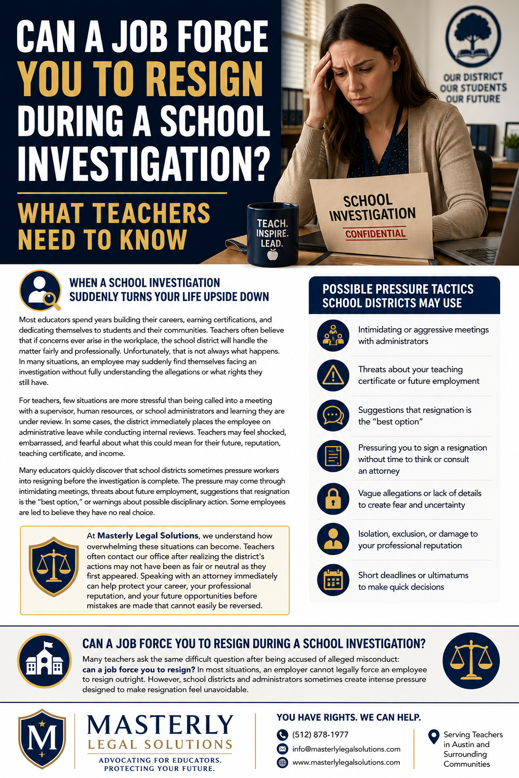 Can a Job Force You to Resign During a School Investigation? What Teachers Need to Know.” The design uses navy blue, gold, and white colors with a clean, corporate layout focused on educators facing workplace investigations.
At the top right, a distressed female teacher sits at a desk holding a folder labeled “School Investigation – Confidential.” She appears worried while reviewing documents inside an office setting. A coffee mug beside her reads “Teach. Inspire. Lead.” A school district logo appears in the background with the phrase “Our District, Our Students, Our Future.”
The infographic explains how school investigations can suddenly disrupt a teacher’s career, reputation, teaching certificate, and income. The text discusses how educators may be placed on administrative leave, pressured into resigning, or intimidated during internal investigations before allegations are fully addressed.
A highlighted section titled “Possible Pressure Tactics School Districts May Use” lists common examples, including intimidating meetings with administrators, threats about teaching certificates or future employment, suggestions that resignation is the “best option,” pressure to sign resignation documents quickly, vague allegations designed to create fear, isolation from coworkers, and short deadlines or ultimatums.
Another section addresses the question “Can a Job Force You to Resign During a School Investigation?” and explains that employers generally cannot legally force resignation, although some districts may create intense pressure to make resignation feel unavoidable.
Throughout the infographic are legal and education-themed icons, including courthouse scales, school buildings, warning symbols, and employee figures. At the bottom, the Masterly Legal Solutions logo appears alongside contact information, including a phone number, email address, website, and a statement that the firm serves teachers in Austin and surrounding communities.