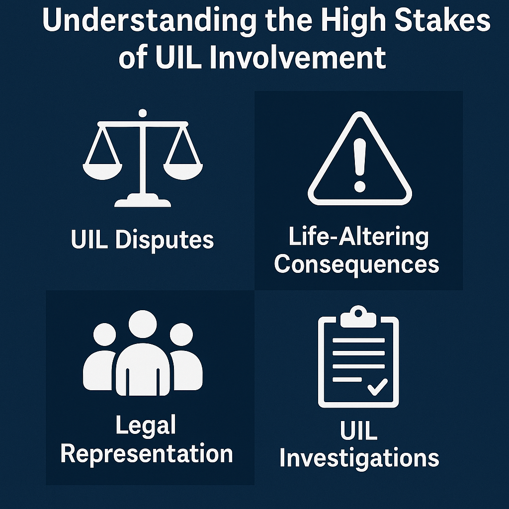 Infographic titled 'Understanding the High Stakes of UIL Involvement' with four quadrants on a dark blue background. Each quadrant features a white icon and label: a scale icon with 'UIL Disputes,' a warning triangle with 'Life-Altering Consequences,' a group of people with 'Legal Representation,' and a clipboard with 'UIL Investigations.