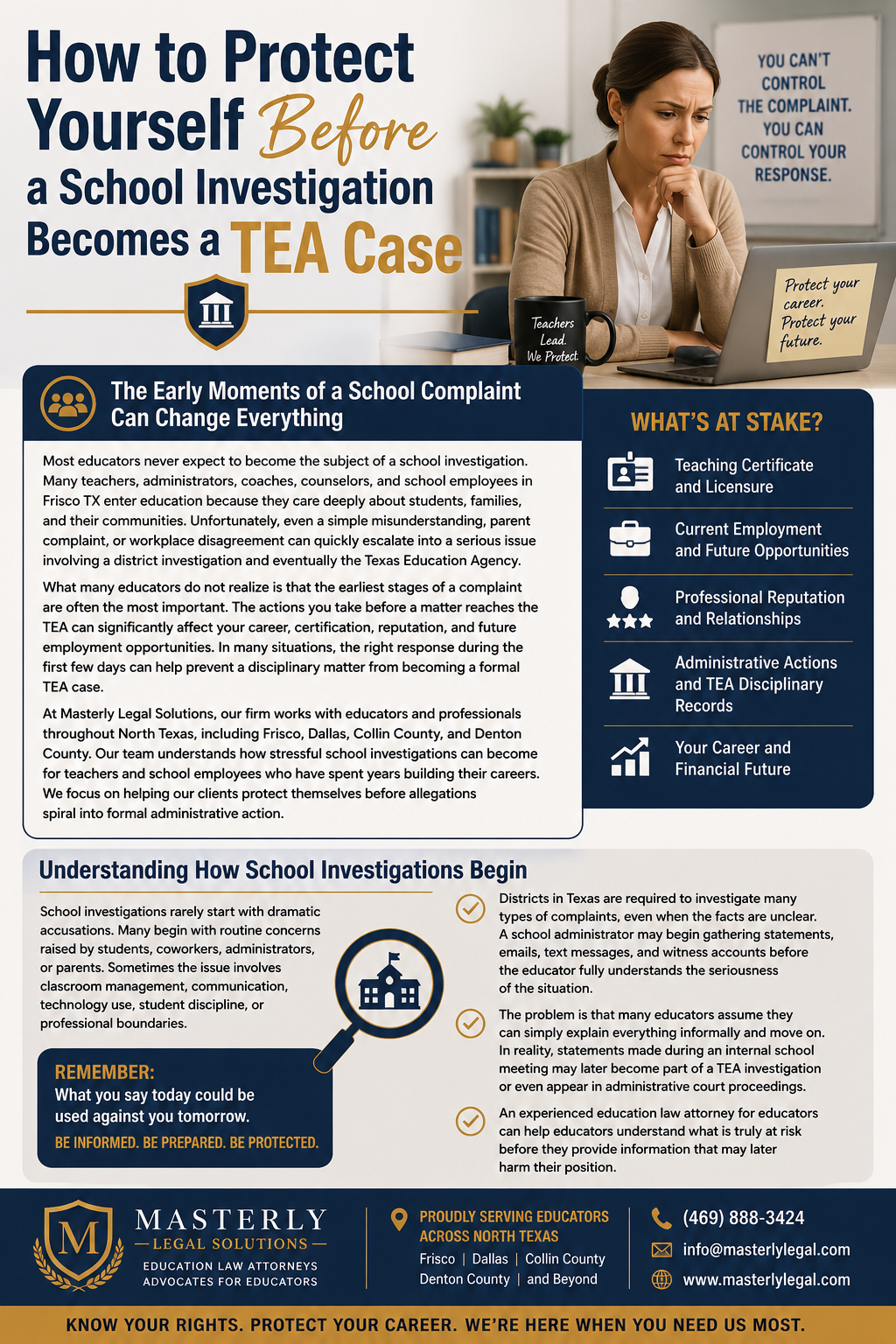 How to Protect Yourself Before a School Investigation Becomes a TEA Case.” The design uses navy blue, white, and gold colors with a serious, professional tone. On the right side, a concerned female educator sits at a desk looking at a laptop, with motivational text behind her that reads, “You can’t control the complaint. You can control your response.” The infographic explains how school complaints can escalate into Texas Education Agency investigations and outlines risks including teaching certificate issues, employment consequences, professional reputation damage, administrative actions, and financial impact. Additional sections describe how school investigations often begin with routine complaints and emphasize the importance of early legal guidance. The bottom of the infographic features the Masterly Legal Solutions logo and contact information for educators in North Texas.