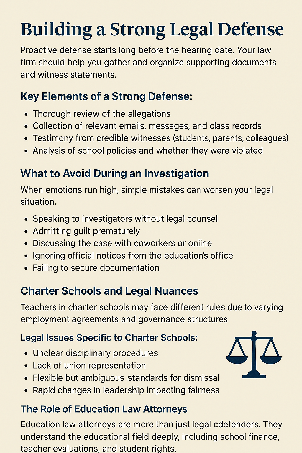 A poster about building a strong legal defense with key elements of a strong defense.