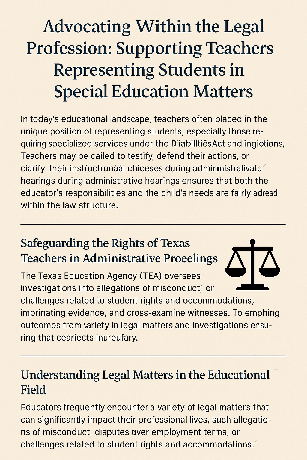 A poster about advocating within the legal profession supporting teachers representing students in special education matters.