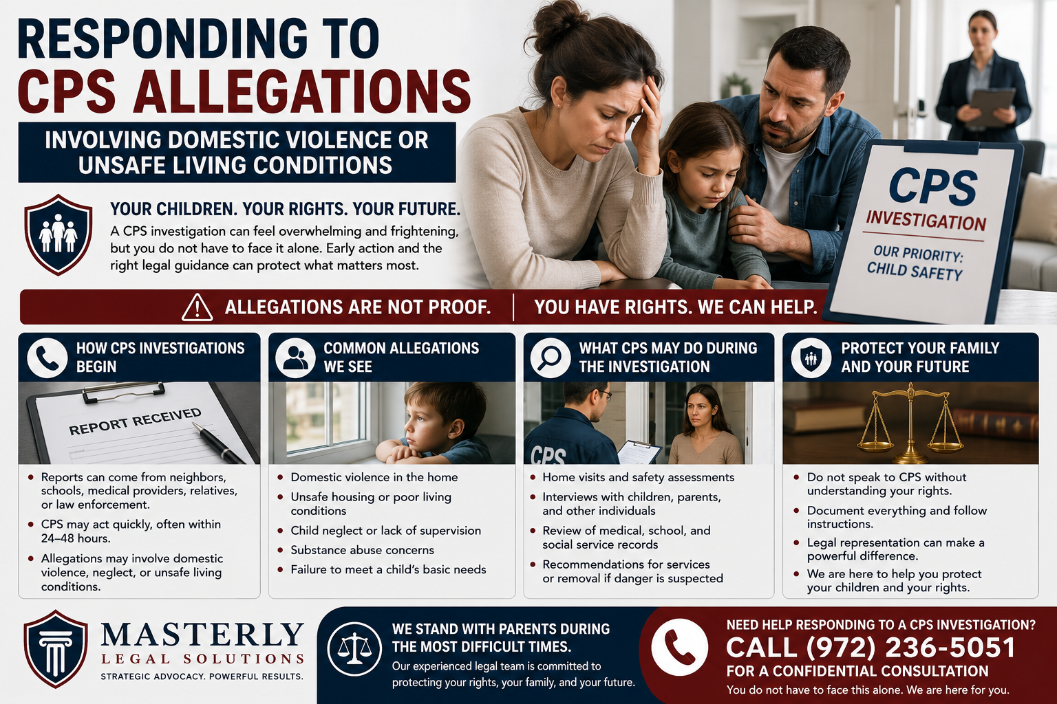 Responding to CPS Allegations Involving Domestic Violence or Unsafe Living Conditions.” The image shows a distressed family sitting together at a table while a CPS investigator stands in the background holding a clipboard. A sign beside the family reads “CPS Investigation – Our Priority: Child Safety.” The infographic explains how CPS investigations begin, common allegations involving domestic violence and unsafe living conditions, what CPS may do during an investigation, and ways parents can protect their family and rights. Sections include visuals of a report form, a child looking out a window, a CPS worker conducting an interview, and legal scales symbolizing protection and justice. The design uses navy blue, red, and white colors with bold legal-themed graphics and messaging encouraging parents to seek legal guidance. At the bottom, the image includes branding for Masterly Legal Solutions and a call to contact the firm at (972) 236-5051 for a confidential consultation.