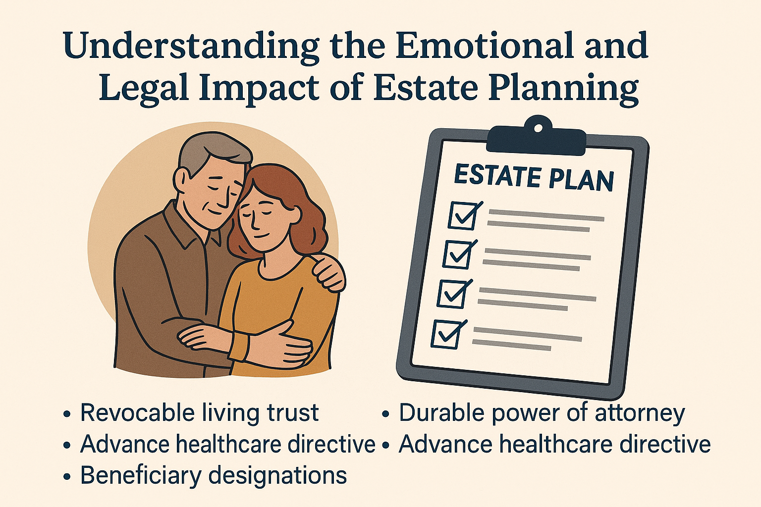 A man and woman hugging next to a clipboard with an estate plan on it.